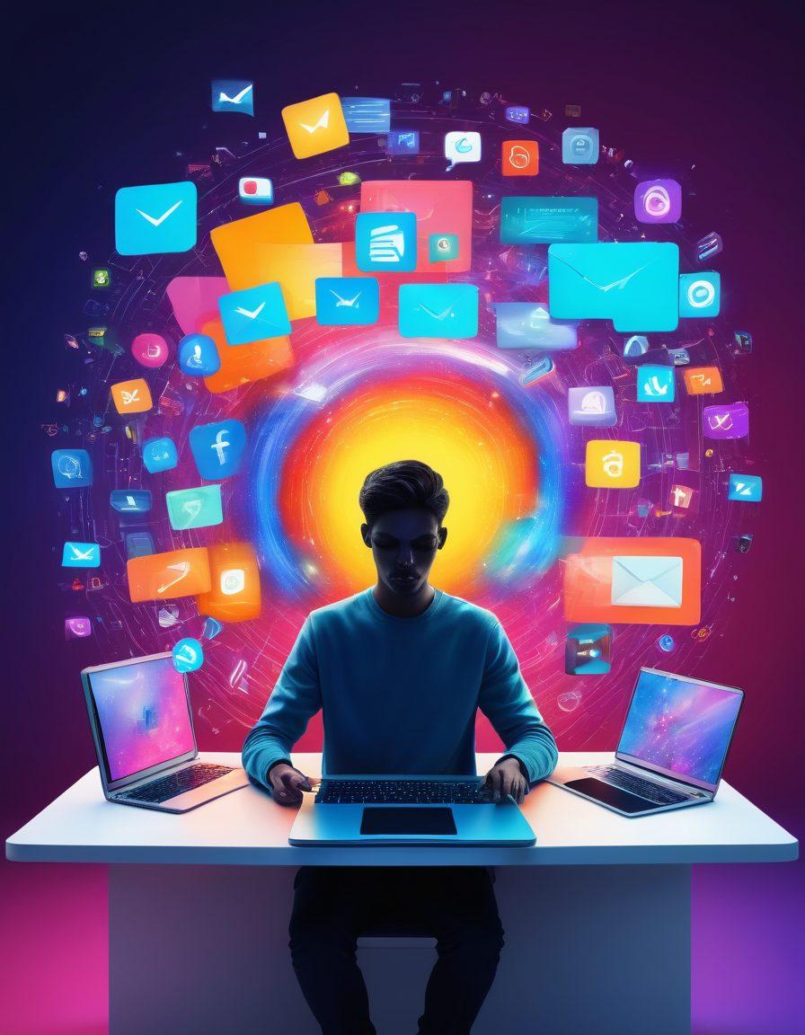 A vibrant collage showcasing various forms of e-communication and multimedia content creation. Include a person working on a laptop surrounded by digital icons representing emails, social media, video editing, and graphic design. Use bright colors to convey creativity and energy, with abstract backgrounds symbolizing connectivity and technology. The scene should feel dynamic and engaging, inviting viewers to explore the realm of digital content. super-realistic. vibrant colors. technology-themed.