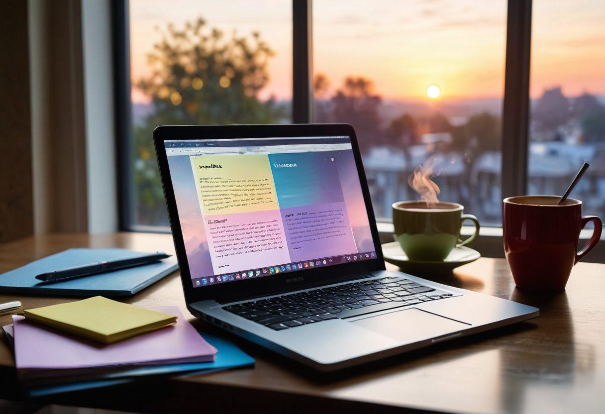 A serene workspace featuring a laptop displaying an open online journal, surrounded by colorful notes and a steaming cup of coffee. The background showcases a soft glow of a sunrise through a window, symbolizing new beginnings in digital media. Incorporate elements like a stack of books on web publishing and creative tools. artistic and modern. vibrant colors. soft focus.