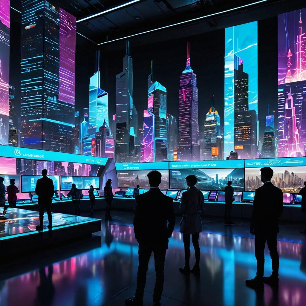 A futuristic digital landscape showcasing a glowing city skyline with tech-themed buildings, interconnected data streams, and holographic displays of news updates. In the foreground, a diverse group of people engaging with interactive screens filled with informative articles. Bright neon colors illuminate the scene, emphasizing a sense of modernity and innovation. super-realistic. vibrant colors. cyberpunk.